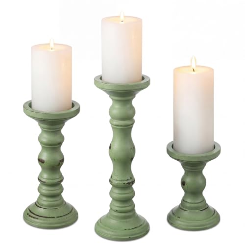 Set of 3 Sage Green Candle Holders Rustic Farmhouse Mango Wood Candlestick Holder Large Pillar Candle Stand Vintage Antique Home Decor for Table Centerpieces Fireplace Mantel, 12", 9", 6" H - color: Sage Green
