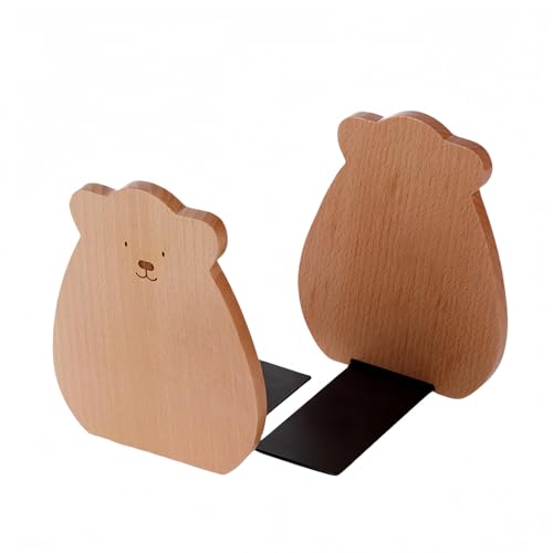 2-Pack Bear Beech Bookends, 5.9x4.7in | Solid Beech/Walnut Wood, Natural Grain, Non-Slip Base, Detachable Design, for Shelves/Desk/Kids Room - color: Beech Wood Bear