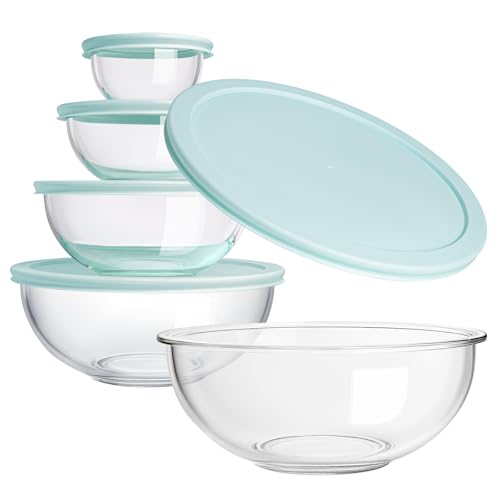 Luvan Glass Mixing Bowl with Lids Set of 5(0.2QT, 0.5QT, 1.1QT, 2.1QT, 3.75 QT), Space-Saving Nesting Bowls Anti-slip Salad Bowls for Storage, Cooking, Microwave,Freezer,Oven and Dishwasher Safe - color: Minty Blue