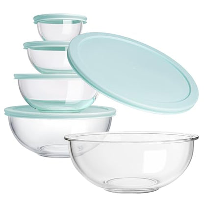 Luvan Glass Mixing Bowl with Lids Set of 5(0.2QT, 0.5QT, 1.1QT, 2.1QT, 3.75 QT), Space-Saving Nesting Bowls Anti-slip Salad Bowls for Storage, Cooking, Microwave,Freezer,Oven and Dishwasher Safe - color: Minty Blue