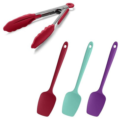Doosu 600°F Heat Resistant Kitchen Tong for Cooking with Non-Scratch Silicone Tips (7in, Red) & 600°F Heat Resistant Silicone Spoon Spatula Set of 3 for Scooping Stirring Mixing (Red+Aqua+Purple)