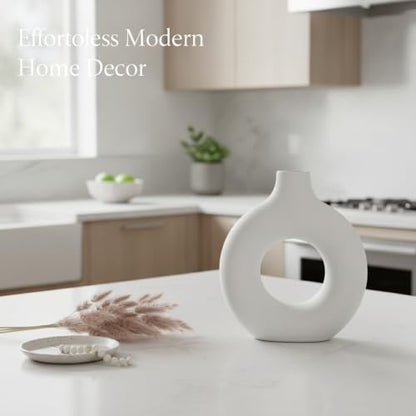 Modern Torus Ring Vase, Geometric Donut Shape Flower Holder for Home and Office Decor, White Plastic Sculptural Accent