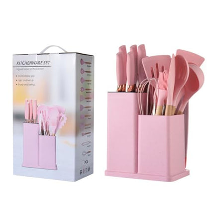 19 Pieces Kitchen Utensils and Knife Set with Block, Inldued 9 Pieces Silicone Cooking Utensils Set 5 Pieces Sharp Stainless Steel Chef Knives Scissors Whisk Tongs and Cutting Board (PINK) - color: Pink