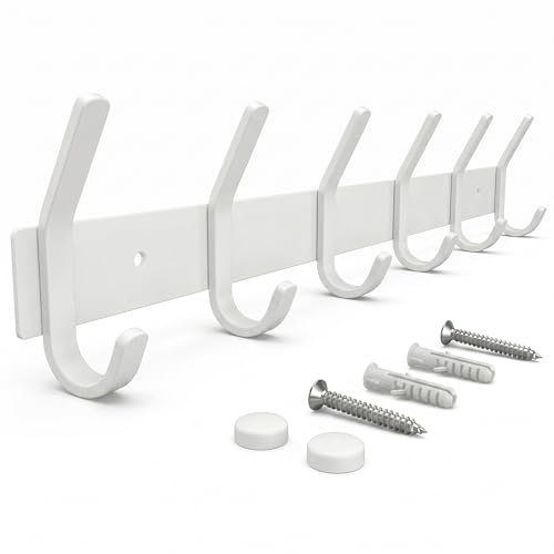 White Coat Rack Wall Mount – 17 Inch Stainless Steel Hook Rail with 6 Heavy Duty Double Coat Hooks – Wall Mounted Coat Hanger for Entryway, Bathroom, Bedroom, Towel, Hat Organizer - color: White, size: 6 Hooks - 1 Pack