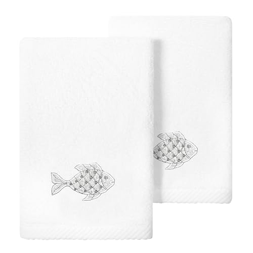 Treasure 2-Piece Fingertip Towel Set, Unique Fish Embroidery, 100% Turkish Cotton, Soft & Luxurious, Charming Touch, 2 Fingertip Towels, White - color: White, size: 2 Pcs Fingertip Towel