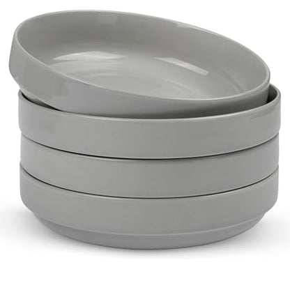 KooK Ceramic Large Pasta Bowls, Microwave and Dishwasher Safe, Great for Soups and Salads, Shallow Serving Bowls, Glossy Porcelain, 47 oz, Set of 4, Powder Grey - color: Powder Grey