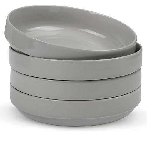 KooK Ceramic Large Pasta Bowls, Microwave and Dishwasher Safe, Great for Soups and Salads, Shallow Serving Bowls, Glossy Porcelain, 47 oz, Set of 4, Powder Grey - color: Powder Grey