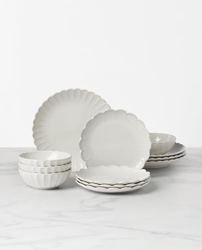 Lenox French Perle Scallop White Dinnerware Set with Accent Plates | dishwasher safe, microwave safe | plates and bowls sets for kitchen and dining | 11 inch plate, dish set - style: 12-Piece Dinnerware Set