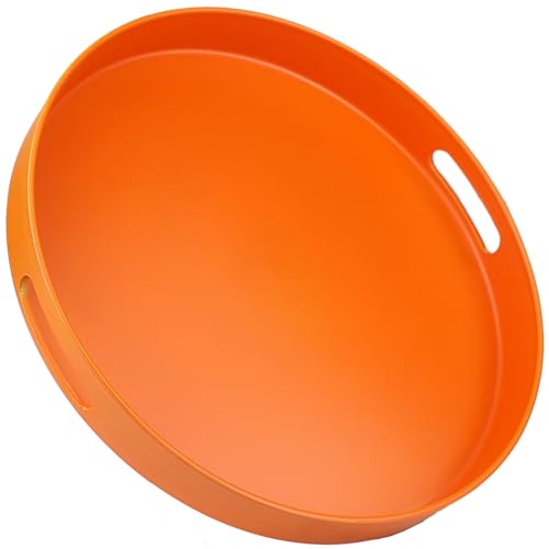 Round Orange Decorative Serving Tray with Handles, 13” Versatile Ottoman Tray for Coffee Table, Entertaining, Outdoor Patio, Living Room - color: Orange, size: 13"