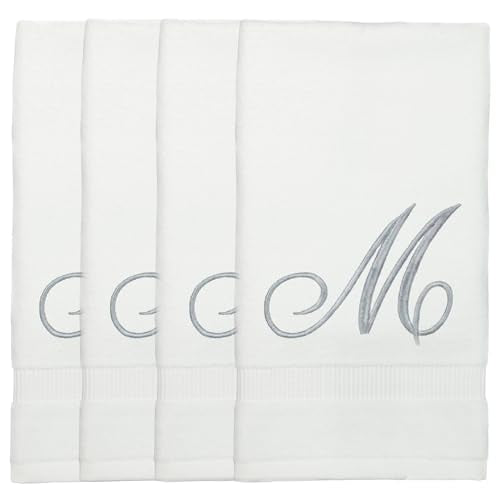 Monogrammed Fingertip Towels, Personalized Gift, 11 x 18 Inches - Set of 4 - Silver Script Embroidery - Extra Absorbent 100% Turkish Cotton- Soft Terry Velour- for Bathroom, Kitchen and Spa- M White - style: Initial M