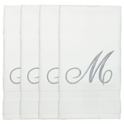 Monogrammed Fingertip Towels, Personalized Gift, 11 x 18 Inches - Set of 4 - Silver Script Embroidery - Extra Absorbent 100% Turkish Cotton- Soft Terry Velour- for Bathroom, Kitchen and Spa- M White - style: Initial M