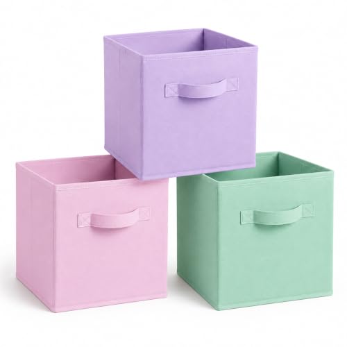 Storage Cubes, Foldable Large Fabric Cloth Storage Bins with Handle, 11 Inch Durable Collapsible Baskets Organizers Box for Closet Shelves Bedroom Books Home Organization Office, 3 Pack - color: Pink+Purple+Green
