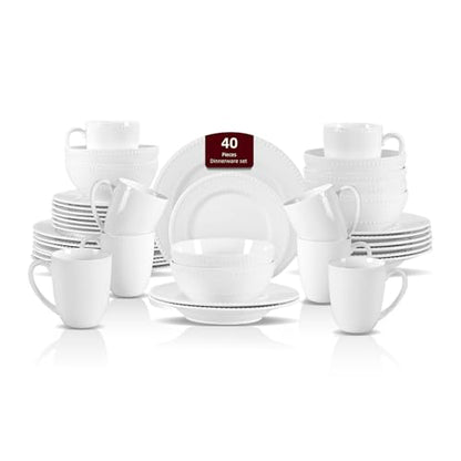 HomeVss, New Bone China Dinnerware Set, Embossed Pearl Design, 40pc Dinnerware Set - color: Pearl, size: Service for 8 - 40pc Set