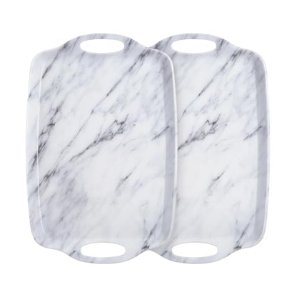 TP Melamine Serving Trays with Handles, 19" x 12", Set of 2, White Marble | Large Rectangular Trays, Serving platters, Turkey and Party Serving, Lightweight, Break-resistant - color: White Marble, size: 19" x 12"