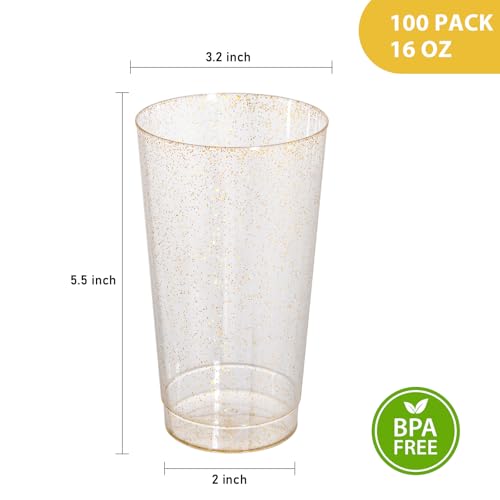 I00000 16 oz Gold Plastic Cups, 100 Pack Gold Glitter Plastic Cups Tumblers Disposable Party Cups Wedding Cups, Heavy-duty Plastic Disposable Cups Ideal for Wedding & Party - color: Glitter-16oz-100
