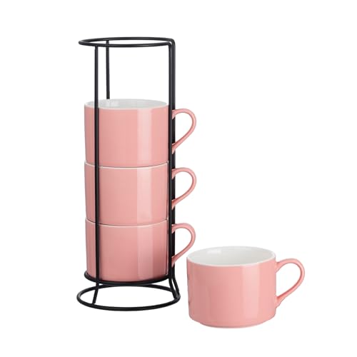10oz Porcelain Stackable Coffee Mugs and Metal Stand Set of 4, Espresso Cups Set for Hot Drinks, Cappuccino, Tea-Pink - color: Pink