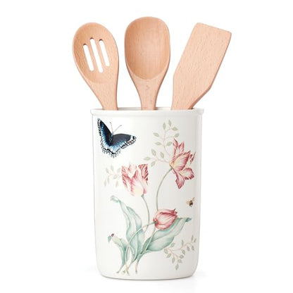 Lenox Butterfly Meadow Porcelain Utensil Holder, 4-Piece | includes 3 wooden utensils | floral design, gift for women, kitchen storage, kitchen essentials gift - style: Utensil Jar/Utensils