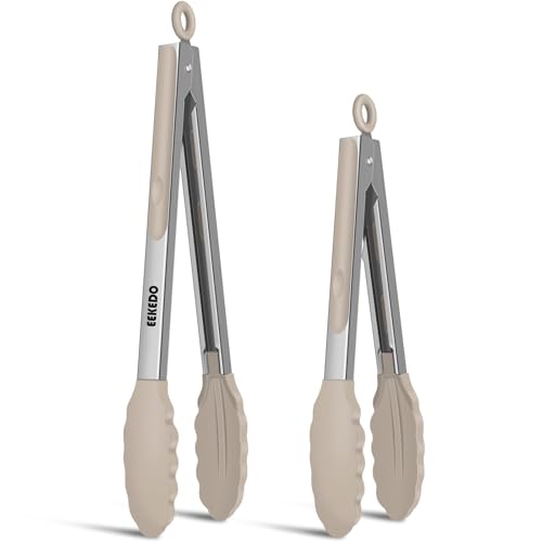 Cooking Tongs with Silicone Tips, 600°F Heat-Resistant, 9" & 12" | Dishwasher Safe, Non-Scratch, Locking Mechanism, Safe for Non-Stick Pans, BBQ Grilling, Air Fryer, Salad, Set of 2, Beige - color: Beige, size: 9 + 12 inches