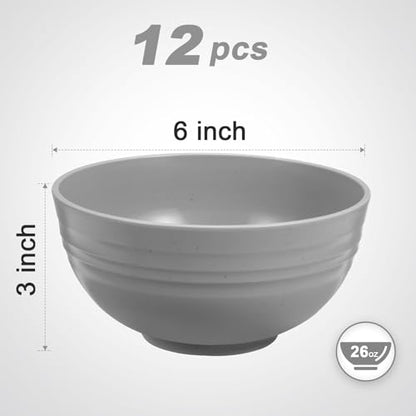 HEYCOME 12 Pcs Unbreakable Cereal Bowls Set, 26 Oz Wheat Straw Bowls Set, Microwave & Dishwasher Safe Bowls for Kitchen, Reusable Plastic Bowls for Soup, Salad and Snack, BPA Free, Light Gray - color: Light Gray