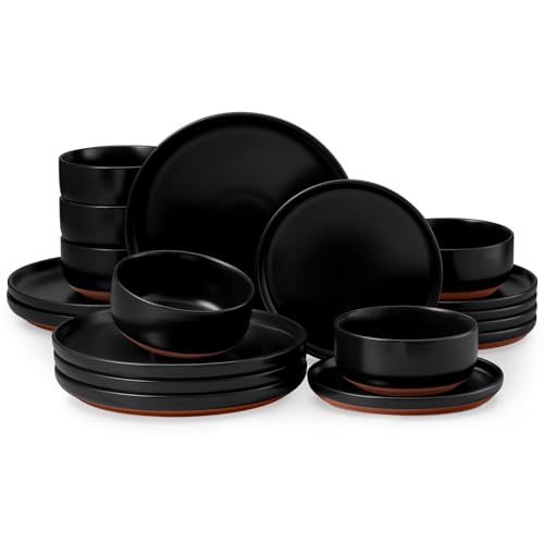 E-far 18-Piece Stoneware Plates and Bowls Sets, Dinnerware Sets for 6, Ceramic Dishware Dishes Set with Terracotta Base, Chip & Scratch Resistant, Microwave & Dishwasher Safe, Matte Black - color: Matte Black, size: Service for 6