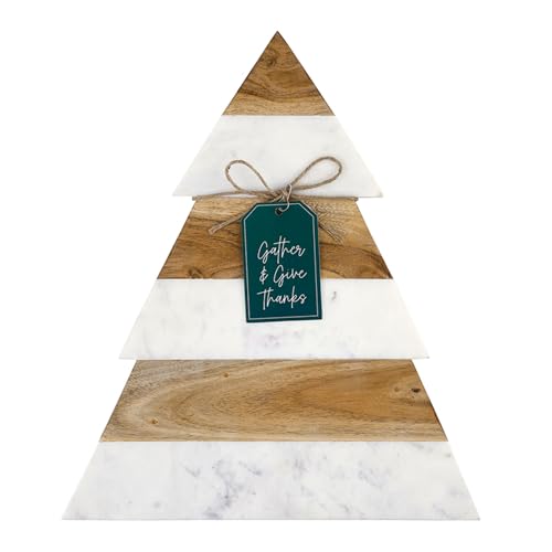 Santa Barbara Design Studio Wood and Marble Christmas Tree Shaped Charcuterie Cheese Tray, 15" x 13" - size: 15" x 13" x 1"