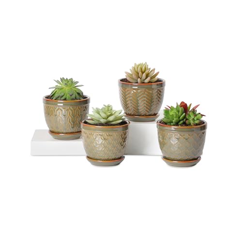 Sureasy Ceramic Plant Pots, 4.7 Inch Flower Pots for Indoor Plants, Succulent Pots with Saucer and Drainage Hole, Decorative Planter for Succulent, Cactus, Set of 4, Green - color: Green, size: 4.7 inch