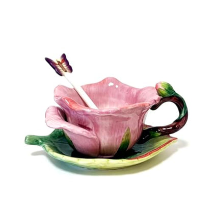 Ceramic Tea Cup and Saucer Set ，6OZ 3D Hand-Painted Flower and Lotus Leaf Coffee Mug，Gift for Women- Dark Pink Rose - color: Dark Pink Rose