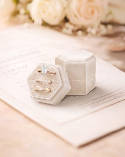 Velvet Jewelry Ring Box, 3 Slots Hexagon Engagement Wedding Ring Holder for Wedding Ceremony Proposal - color: Champagne