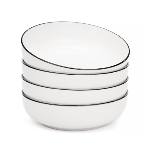 OTAGO 8" Stoneware Salad and Pasta Bowls Set of 4, Porcelain Ceramic Bowls with Black Rim, Microwave & Dishwasher Safe Tableware for Kitchen, Dinner & Dining - color: Black Rim, size: 4 Pieces