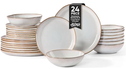 Herogo 24Pcs Plates and Bowls Dinner Set, Stoneware Dinnerware Dishes Sets for 8, Ceramic Dishware Tableware Includes Dinner Salad Plates, Soup Bowls, Microwave & Dishwasher Safe, Pearl White - color: Pearl White, size: 8 Set (24pcs)