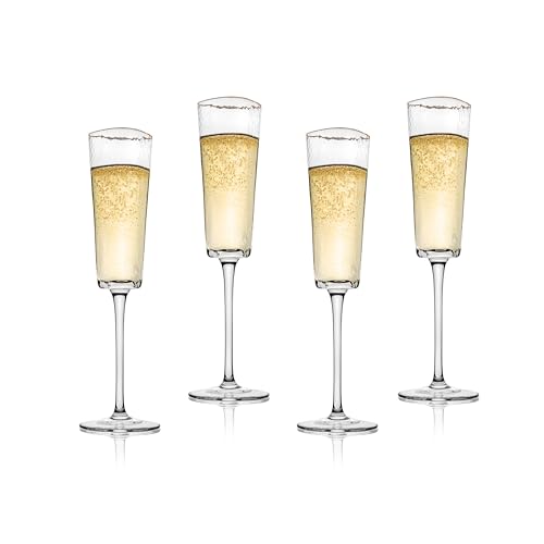 Bec's Designs Champagne Flutes Set of 4, 6oz Handblown, Hammered Gold Rim | Triangular champagne glasses offer elegant stemware for mimosas, Prosecco & weddings; handblown hammered glass design.