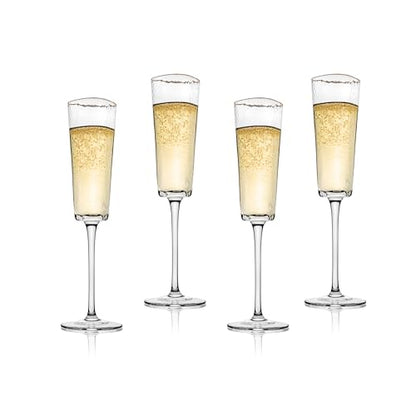Bec's Designs Champagne Flutes Set of 4, 6oz Handblown, Hammered Gold Rim | Triangular champagne glasses offer elegant stemware for mimosas, Prosecco & weddings; handblown hammered glass design.