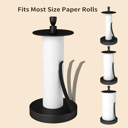 Heavy Duty Paper Towel Holder Countertop with Top Damping Disc Black | Easy One-Handed Tear, Weighted Base Non-Slip, Tension Arm Prevents Unraveling, Countertop Paper Stand for Kitchen, Bathroom - color: Black