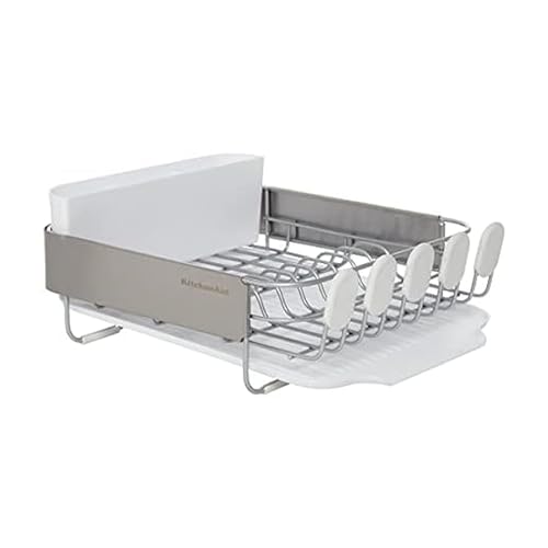 KitchenAid Compact Satin Wire Rust Resistant, Expandable Dish Rack with Angled Self Draining Drainboard with Removable Flatware Caddy, 23.18-Inch, Gray - color: White, size: Compact