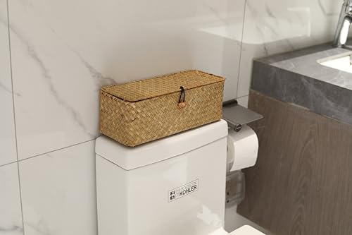 Seagrass Woven Storage Basket with Lid, Rectangular Narrow Tampon Toilet Tank Organizer - color: 3 Section with Lid
