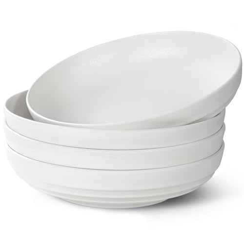 HAPPY KIT Stoneware 9'' Pasta Bowls 42oz Set of 4, Granite White - color: MatteWhite