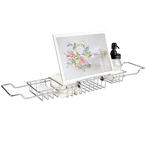 HOMEE Stainless Steel Shower Caddy Tray with Removable Book Holder Silver | European Style Extendable Rectangular Bathroom Tray for Shower Bath Phone IPad Book Holder Candleholder Table Shelf