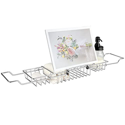 HOMEE Stainless Steel Shower Caddy Tray with Removable Book Holder Silver | European Style Extendable Rectangular Bathroom Tray for Shower Bath Phone IPad Book Holder Candleholder Table Shelf