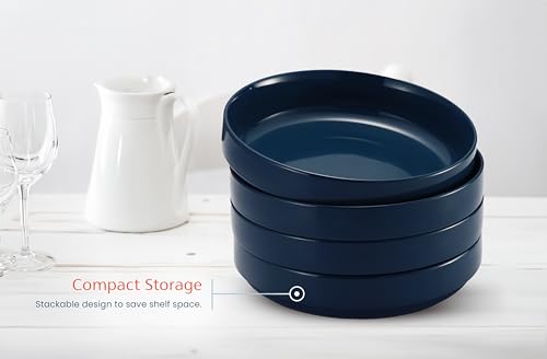 KooK Ceramic Large Pasta Bowls, Microwave and Dishwasher Safe, Great for Soups and Salads, Shallow Serving Bowls, Glossy Porcelain, 47 oz, Set of 4, Navy Blue - color: Navy Blue