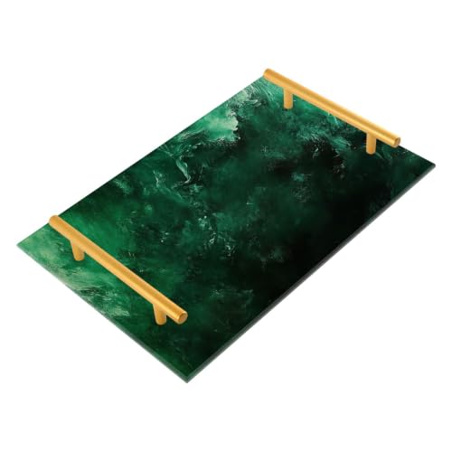 Dark Green Marble Acrylic Vanity Tray with Handles Non-Slip Decorative Bathroom Tray Jewelry Perfume Makeup Organizer for Dresser Kitchen Counter, 7.87 x 11.81 in