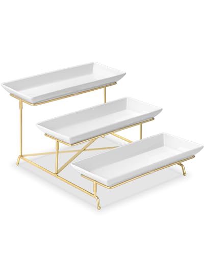 3 Tier Serving Tray Set 14 Inch Porcelain Tiered Serving Platters, Collapsible Sturdier Stand with Stable Cross Bars, Three Layer Serving for Party Entertaining Food Display Fruit Dessert - color: Gold, size: 15" x 13" x 9"
