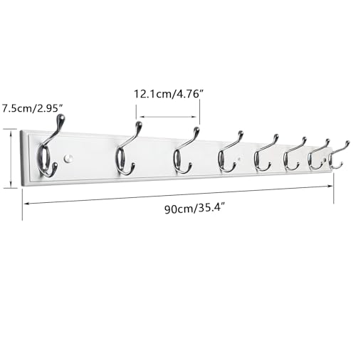 Wooden Wall Mounted Coat Rack 35 inch (90cm) with 8 Silver Hooks, Lang Wood White Coat Hook for Entrance, Hallway, Bedroom, Wall Clothes Hanger - size: Long-35.4in(90cm),8 Silver Hooks, style: Modern