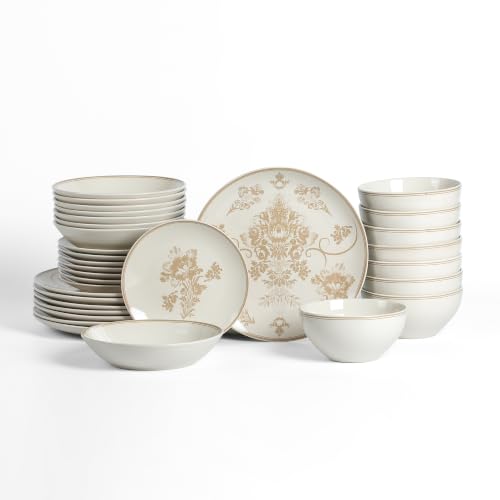 Stone Lain Opal 32-Piece Stoneware Dinnerware Set, Dinner Plates, Salad Plates & Bowls, Service for 8, Dishwasher & Microwave Safe, Beige - color: Beige, size: 32-Piece, Service for 8