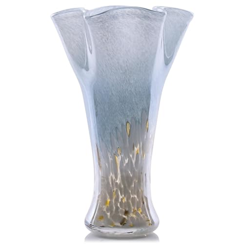9.0" H Blue White Glass Vases for Flower, Unique Hand Blown Glass Vase | Wide Mouth Colorful Flower Vase for Bouquet or Centerpieces, Coastal Vases for Living Room Table Bookshelf, Shelf Decorative - color: Blue White