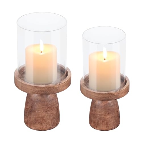 4" & 5" Glass Hurricane Candle Holders with Vintage Natural Solid Wooden Base in Set of 2, Decorative Centerpiece for Home, Coffee Table, Fireplace Mantel, Wedding, Modern Farmhouse Style - color: Old Natural, size: 4"&5"