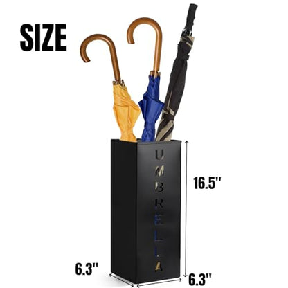 Hiceeden Square Metal Umbrella Holder, Free Standing Umbrella Rack Stand for Indoor Entryway, Umbrella Canes Walking Sticks Storage Bin for Office, Home, Hotel, Shop, 6.3" x 6.3" x 16.5", Black