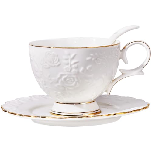 Tea Cup and Saucer Set for 1, Ceramic, White, 6.8 Oz | Coffee Cup with Saucer and Spoon, Elegant Design, 3D relief patterns, Gold Trim, Protective Packaging, Ideal for Gift - color: Vintage