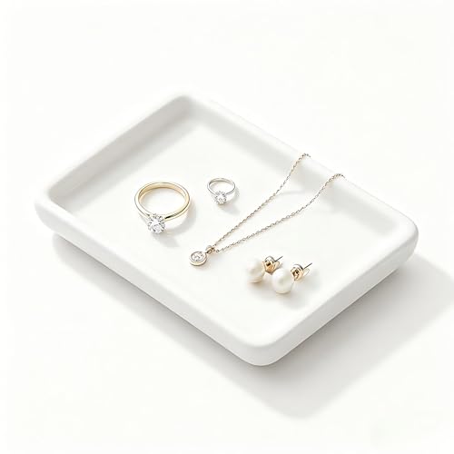 Square Minimalist Ceramic Ring Dish, White Jewelry Tray for Women, Modern Vanity Decor & Organizer, Ideal Engagement Wedding Birthday for Friend Sister - color: White, size: 1 Pack