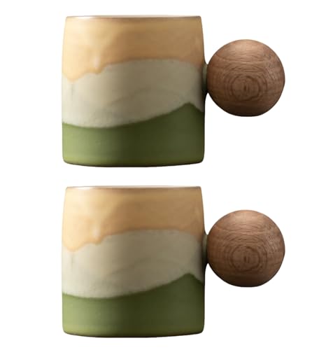 2-Oz Ceramic Espresso Cups with Wood Handle, 2-Piece Set for Coffee, Tea, Latte - Dishwasher Safe, Multi-Color & Wood Styles, Gift & Café Use (Kiln turning green, Round Handle2) - color: Kiln turning green, size: Round Handle2