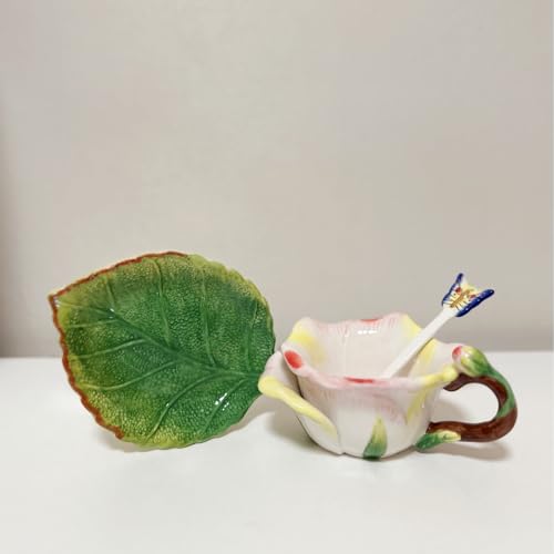 Ceramic Tea Cup and Saucer Set ，6OZ 3D Hand-Painted Flower and Lotus Leaf Coffee Mug，Gift for Women- Champagne Rose - color: Champagne Rose
